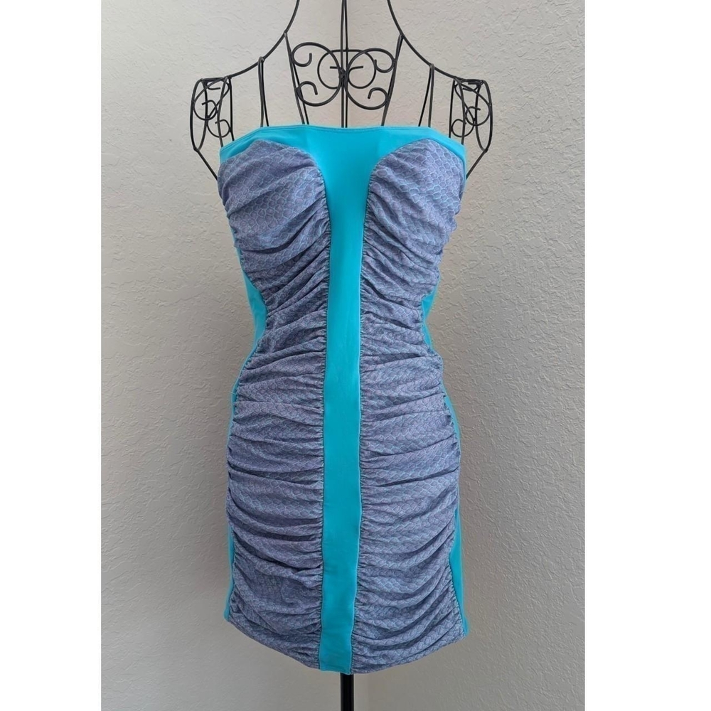 Just Cavalli Strapless Ruched Two-Tone Mini Dress in Teal and Heather Blue